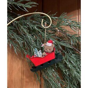 Vintage Russ Flocked Teddy Bear Sleigh Christmas Bottle Brush Tree Ornament